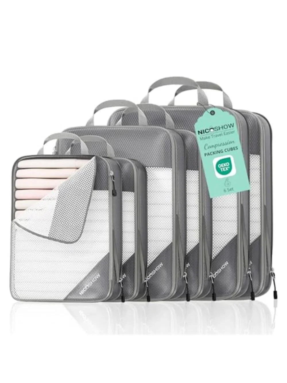Compression Packing Cubes 6 Piece Set Travel Luggage Organizers Lightweight Grey